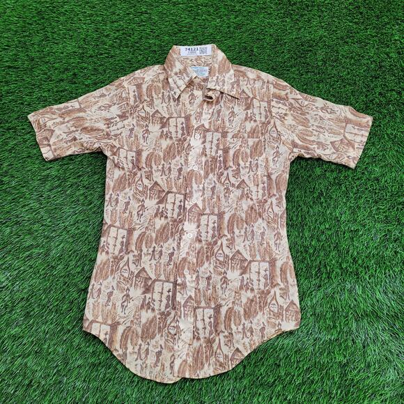 Vintage Native-American AOP Button Shirt Small 17x27 Brown - Picture 1 of 10